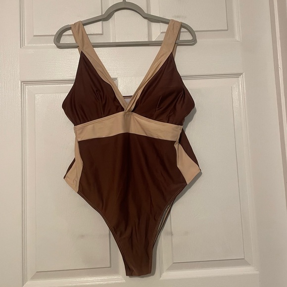 Brown and Tan Two-Toned One-Piece Swimsuit - Picture 1 of 5